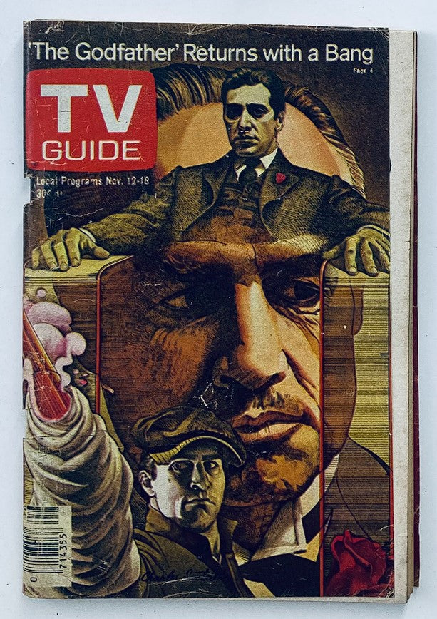 TV Guide Magazine November 12 1977 cover featuring Al Pacino with illustrations from 'The Godfather,' highlighting famous scenes and characters.