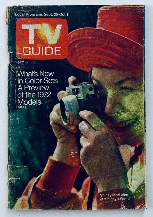 Cover of TV Guide Magazine September 25, 1971, issue #965 featuring Shirley MacLaine, showcasing vibrant red hat and camera photography.
