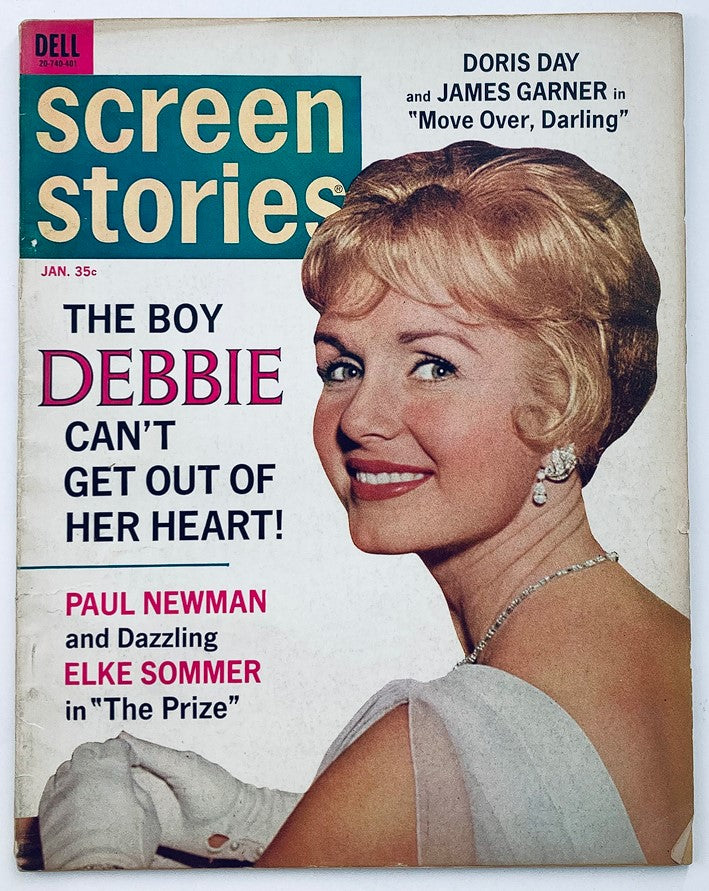 VTG Screen Stories Magazine January 1964 featuring Debbie Reynolds on the cover, showcasing her iconic hairstyle and glamorous style along with headlines about Paul Newman and a feature on 'Move Over, Darling'.