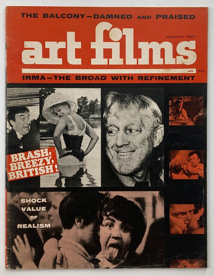 Cover of VTG Art Films Magazine September 1963 featuring articles on 'Irma La Douce' and 'The Balcony', showcasing classic cinema with images and headlines like 'Brash, Breezy, British!' and 'Shock Value of Realism'.