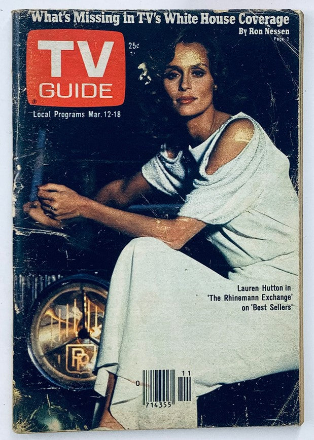 Cover of TV Guide Magazine March 12, 1977, Issue #1250 featuring Lauren Hutton, showcasing her as a prominent figure in fashion with a vintage design reminiscent of 70s television culture.