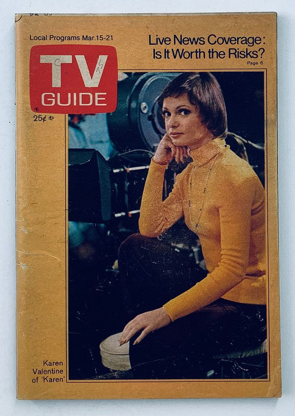 Cover of TV Guide Magazine March 15 1975 featuring Karen Valentine in a stylish yellow sweater against a vintage TV backdrop.