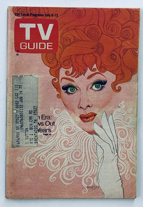TV Guide Magazine July 6 1974, Vol 22 #27 featuring a vibrant illustrated portrait of Lucille Ball on the cover. The magazine is designed with bold colors and showcases her iconic hairstyle and makeup, reflecting the pop culture of the 1970s.