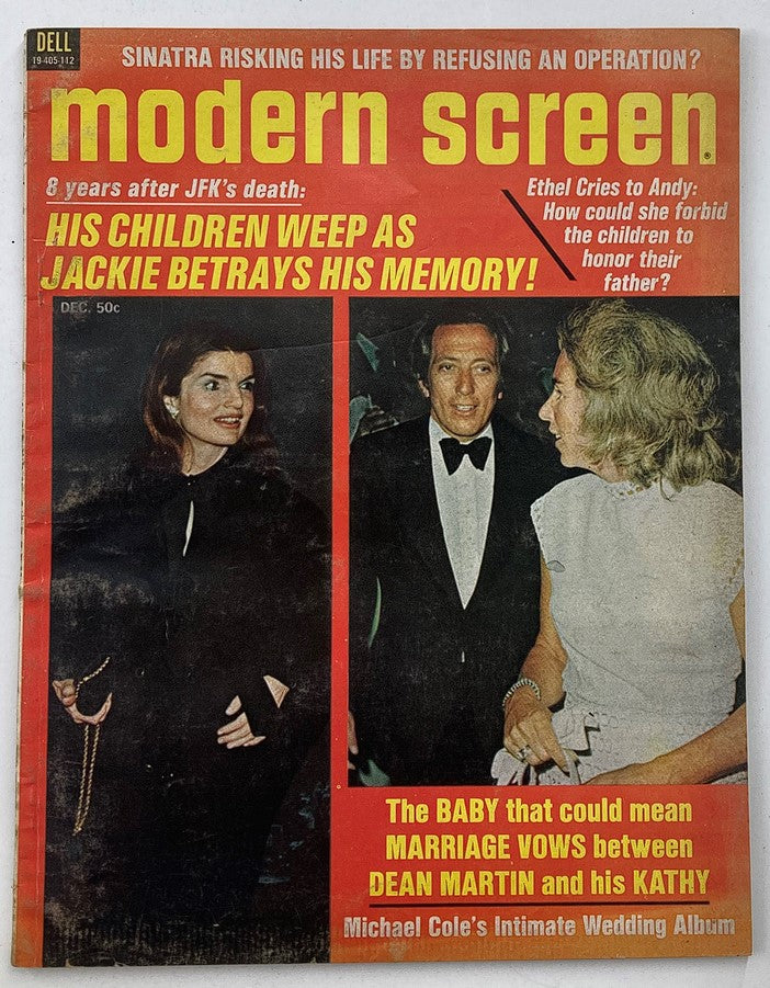 Cover of VTG Modern Screen Magazine December 1971 Vol 65 #12 featuring Jackie Kennedy, highlighting articles about her life and legacy, along with other celebrity stories.