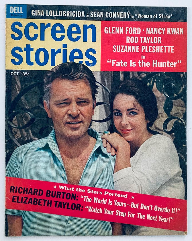 VTG Screen Stories Magazine October 1964 featuring Richard Burton and Elizabeth Taylor on the cover, highlighting their iconic status in Hollywood with rich colors and eye-catching design.