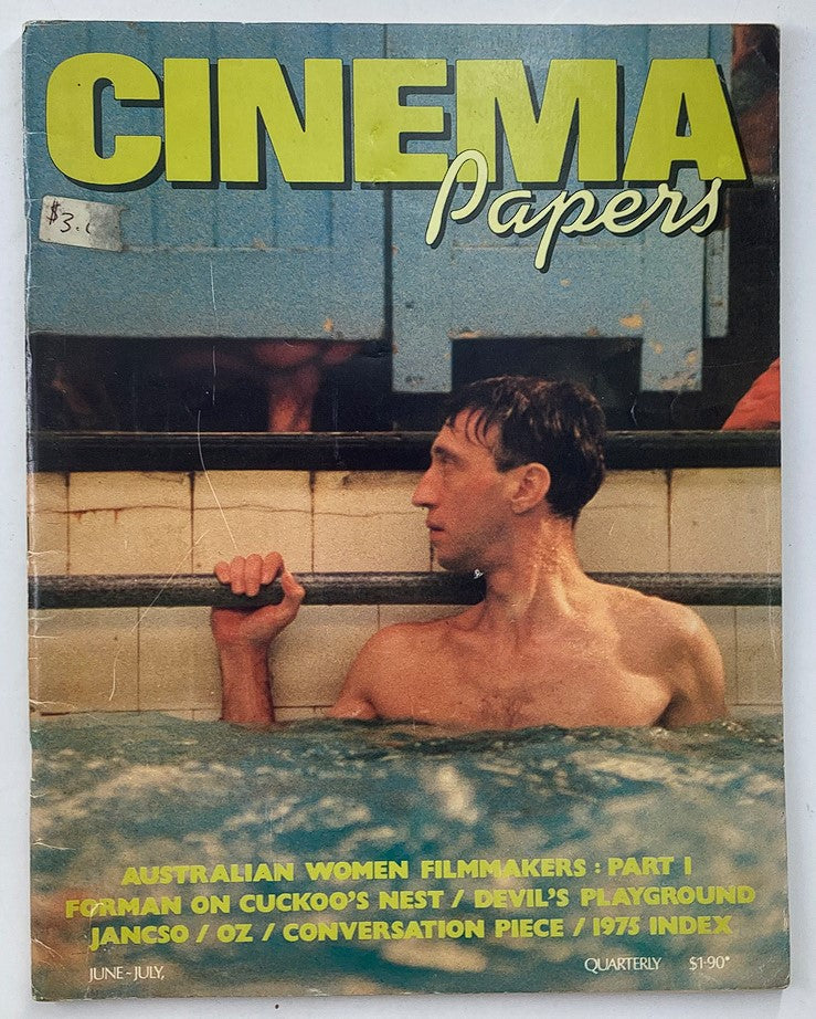 Cover of VTG Cinema Papers Magazine June-July 1976 featuring a man in a swimming pool holding onto a bar, with headlines including 'Australian Women Filmmakers' and details about films like 'One Flew Over the Cuckoo's Nest'.
