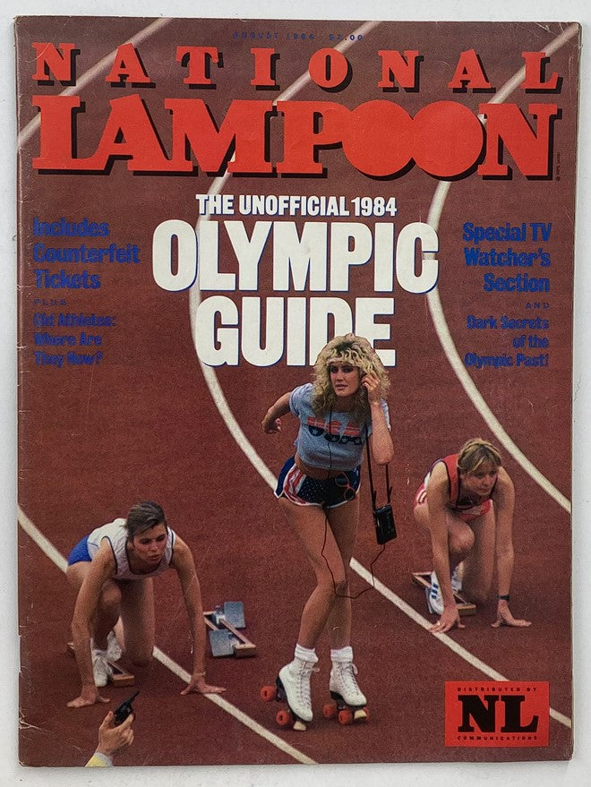 Vintage National Lampoon Magazine August 1984 cover featuring the title 'The Unofficial 1984 Olympic Guide' with an illustration of athletes and vibrant colors.