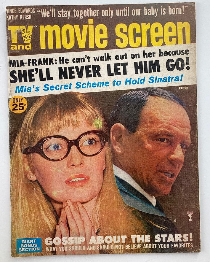 VTG TV and Movie Screen Magazine December 1965 featuring Mia Farrow and Frank Sinatra on the cover, showcasing retro styling and classic film imagery.