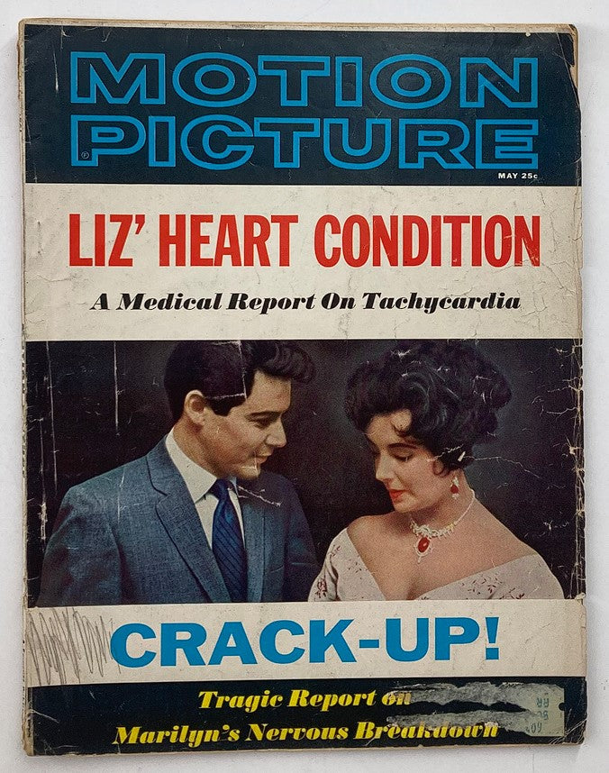 Cover of VTG Motion Picture Magazine May 1961, featuring articles on Elizabeth Taylor and James Dean, with a striking image of the stars and headlines discussing Liz's health and Marilyn Monroe's struggles.