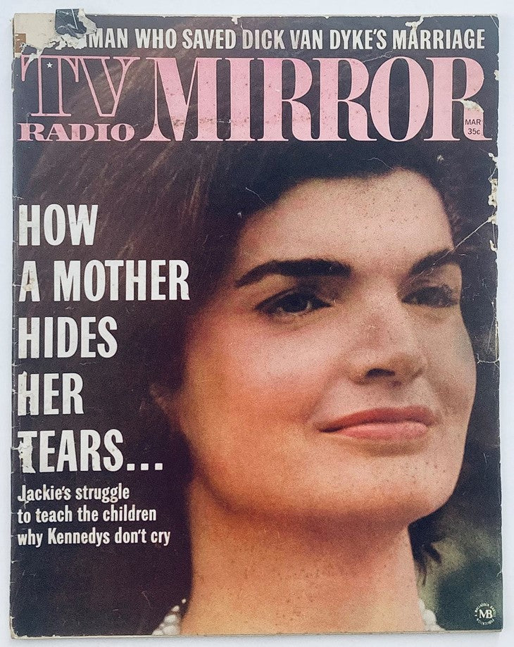 Cover of VTG TV Radio Mirror Magazine March 1964 featuring Jackie Kennedy, highlighting her emotional struggle as a mother, with a photo capturing her serene expression.
