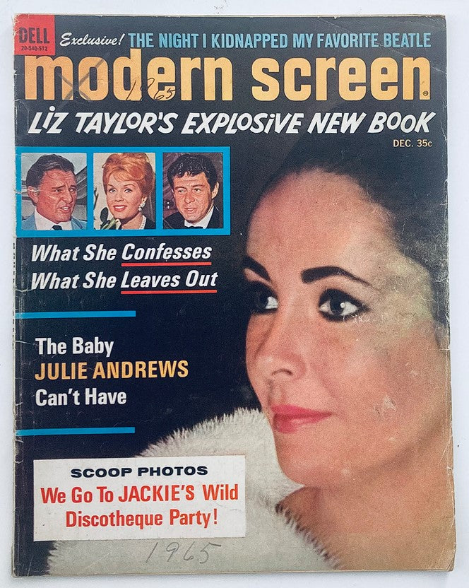 Vintage Modern Screen Magazine from December 1965 featuring Elizabeth Taylor on the cover, showcasing the iconic actress amidst a vibrant design that reflects the glamour and cultural landscape of the 1960s.