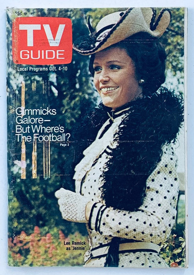 Cover of TV Guide Magazine from October 4, 1975 featuring Lee Remick as Jennie, showcasing vintage television history, with a tagline about gimmicks and football.