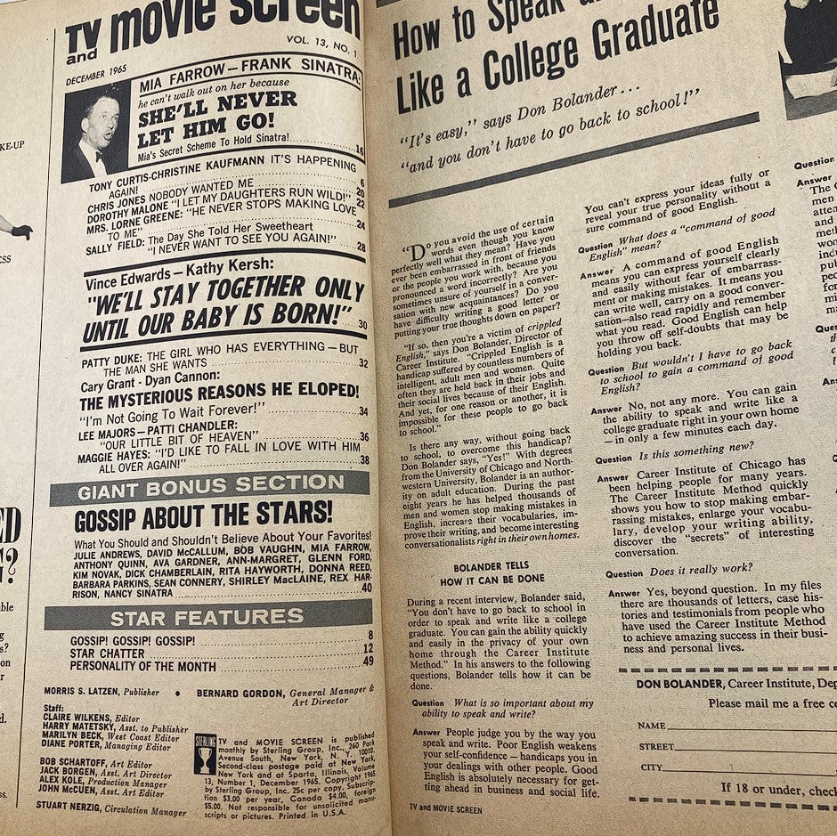 Interior page of VTG TV and Movie Screen Magazine December 1965 featuring articles about Mia Farrow and Frank Sinatra, alongside celebrity gossip and advice column.