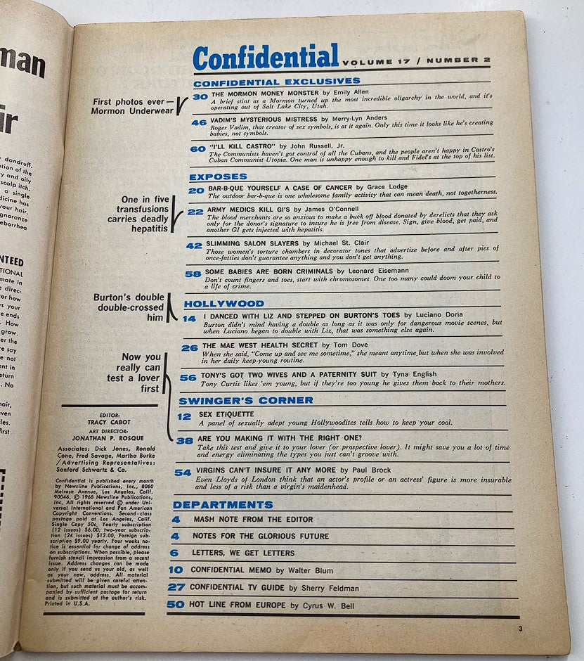 Interior page of VTG Confidential Magazine February 1969 featuring various articles and sections, showcasing the magazine's layout and content including themes on Hollywood and celebrity culture.