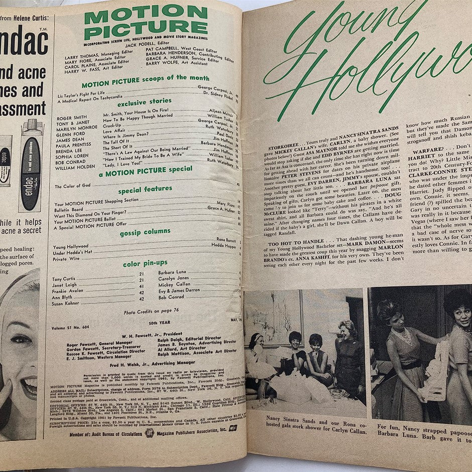Inside page of VTG Motion Picture Magazine May 1961, displaying editorial content, article listings, and profiles of popular Hollywood figures, capturing the essence of classic cinema of the era.