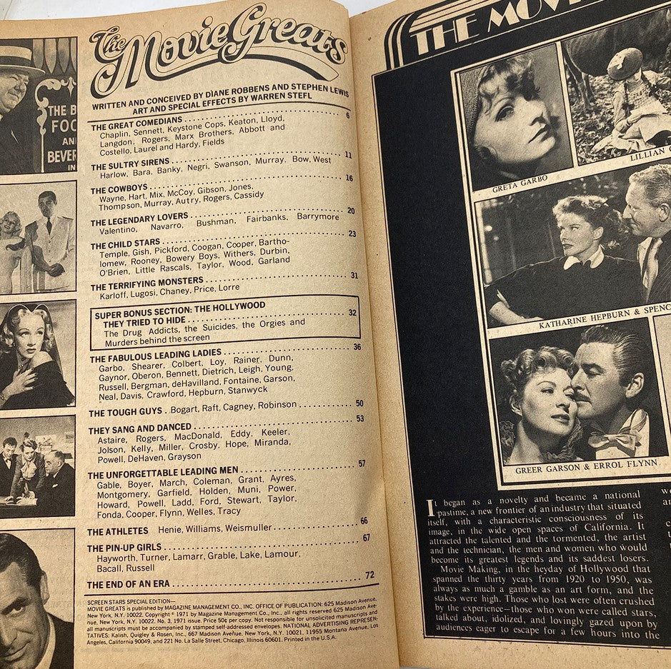Inside page of VTG The Movie Greats Magazine No. 3 from 1971, displaying the table of contents featuring articles on famous figures such as Charlie Chaplin and Mack Sennett, along with images of iconic Hollywood stars.