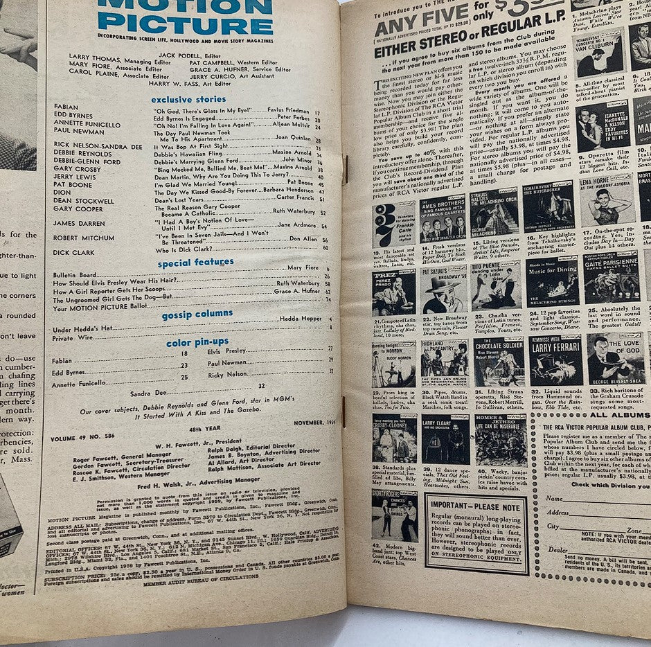 Interior page of VTG Motion Picture Magazine November 1959 featuring contents list, exclusive stories, special features, gossip columns, color pin-ups, and advertisements for classic films.