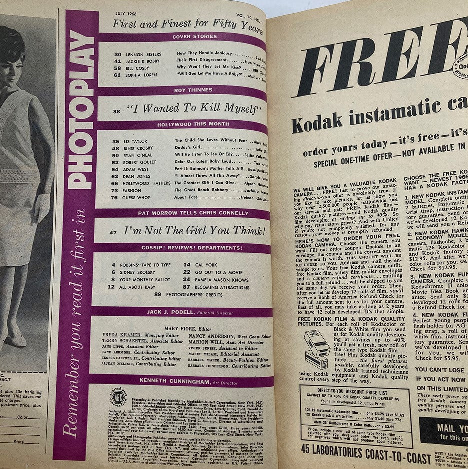 Inside pages of VTG Photoplay Magazine from July 1966 Vol 70 #1 showcasing articles and features including details on Jackie and Bobby Kennedy, offering a glimpse into pop culture from the era.