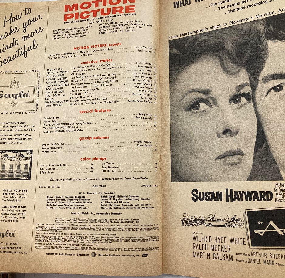 Inside page of VTG Motion Picture Magazine August 1961, displaying articles, features, and photos about film stars, along with a mention of Connie Stevens.