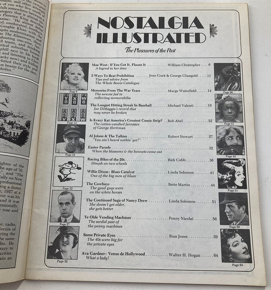 Interior page of VTG Nostalgia Illustrated Magazine from April 1975, showcasing the table of contents and highlights including Mae West and Joe Di Maggio, emphasizing the magazine's nostalgic content.