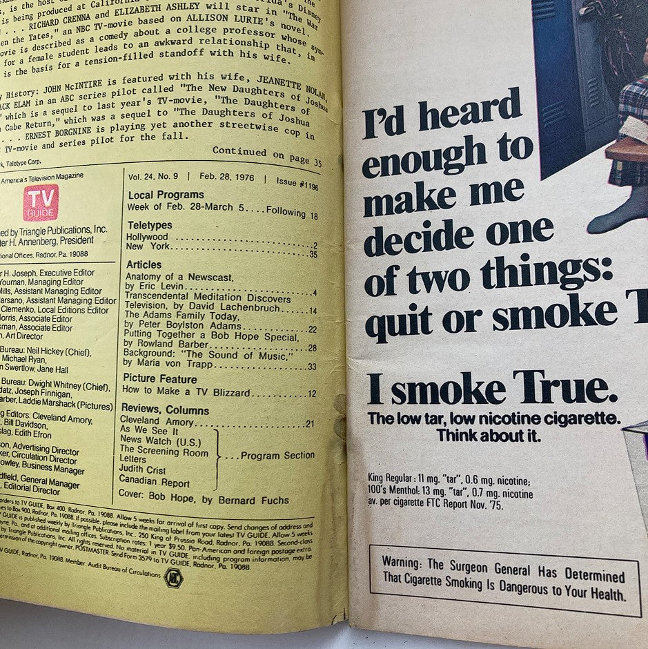 Inside page of TV Guide Magazine February 28, 1976, Issue #1196 including articles and local program listings with a quote about smoking.