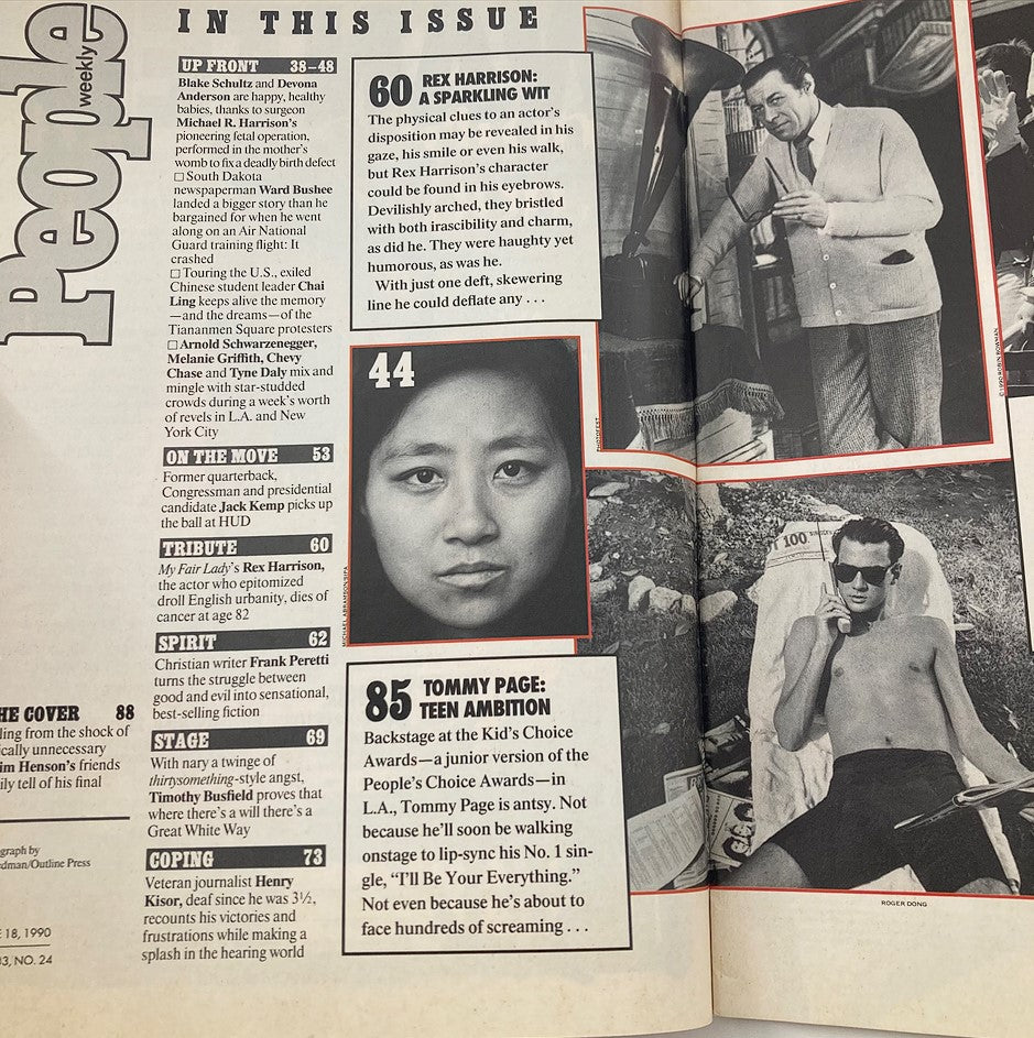 Inside page of People Weekly Magazine June 18, 1990 showcasing contents including articles on Rex Harrison and Tommy Page.