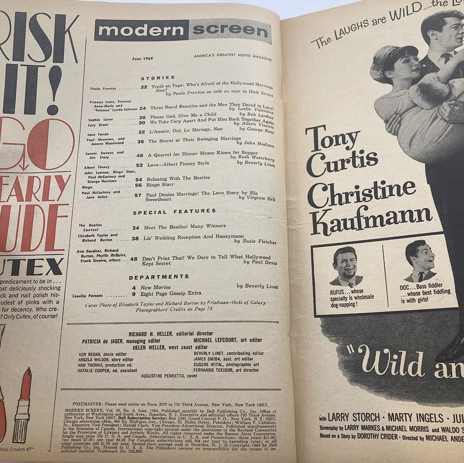 Inside page of the VTG Modern Screen Magazine June 1964, showcasing articles, stories, and features related to Hollywood, including Liz Taylor's wedding reception.
