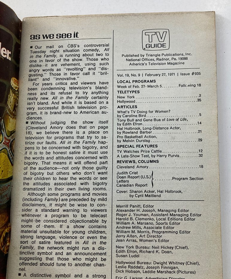 Interior page of TV Guide Magazine February 27 1971 featuring commentary on CBS's All in the Family, discussing viewer reactions and societal impact, with cover image of actress Sharon Acker.