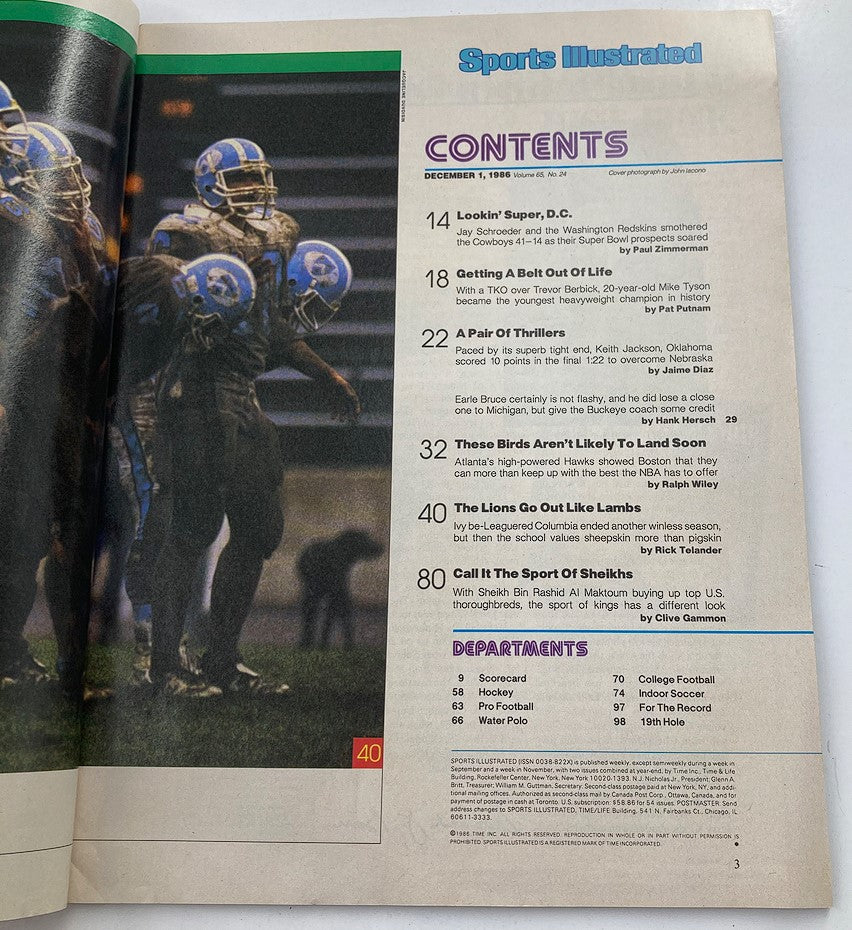 Contents page of Sports Illustrated Magazine December 1, 1986, detailing articles including Mike Tyson's rise in boxing, illustrating the vintage appeal and significance of the issue.