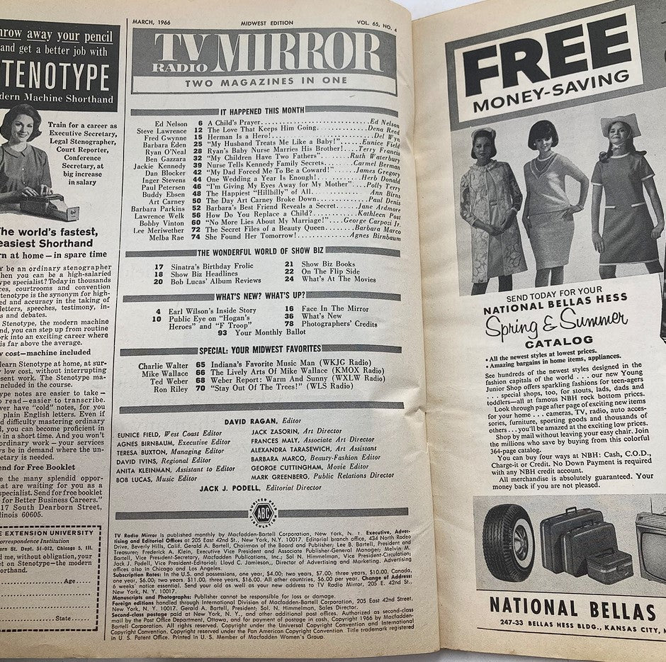 Inside spread of the VTG TV Radio Mirror Magazine from March 1966, featuring articles and advertisements from the 1960s. Includes a layout of 'What Happened This Month' and a promotional section for the National Bellas Hess Spring & Summer catalog.