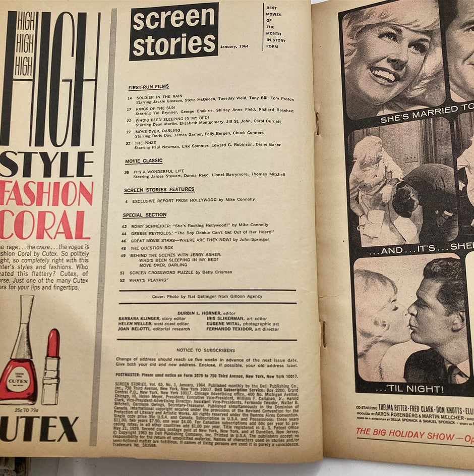 Inside page of VTG Screen Stories Magazine January 1964, displaying movie listings and features, including coverage of Debbie Reynolds and insights on Hollywood's top films of the era.