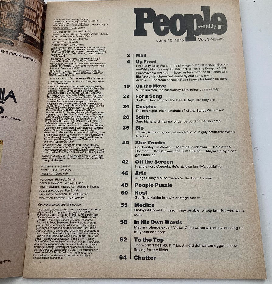 Contents page of VTG People Weekly Magazine June 16 1975 Vol 3 #23 featuring various articles including Betty Ford's European travels and cultural highlights from the 1970s.