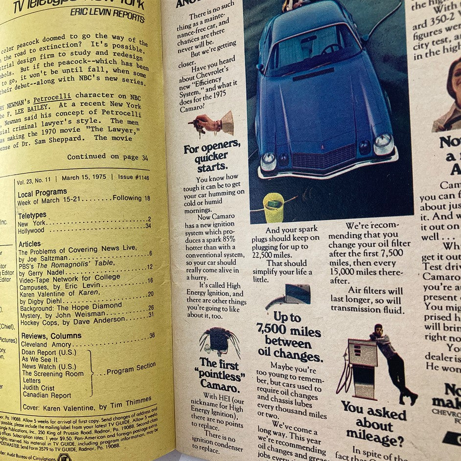 Interior page of TV Guide Magazine March 15 1975, highlighting articles and advertisements with focus on automotive advice and pop culture.