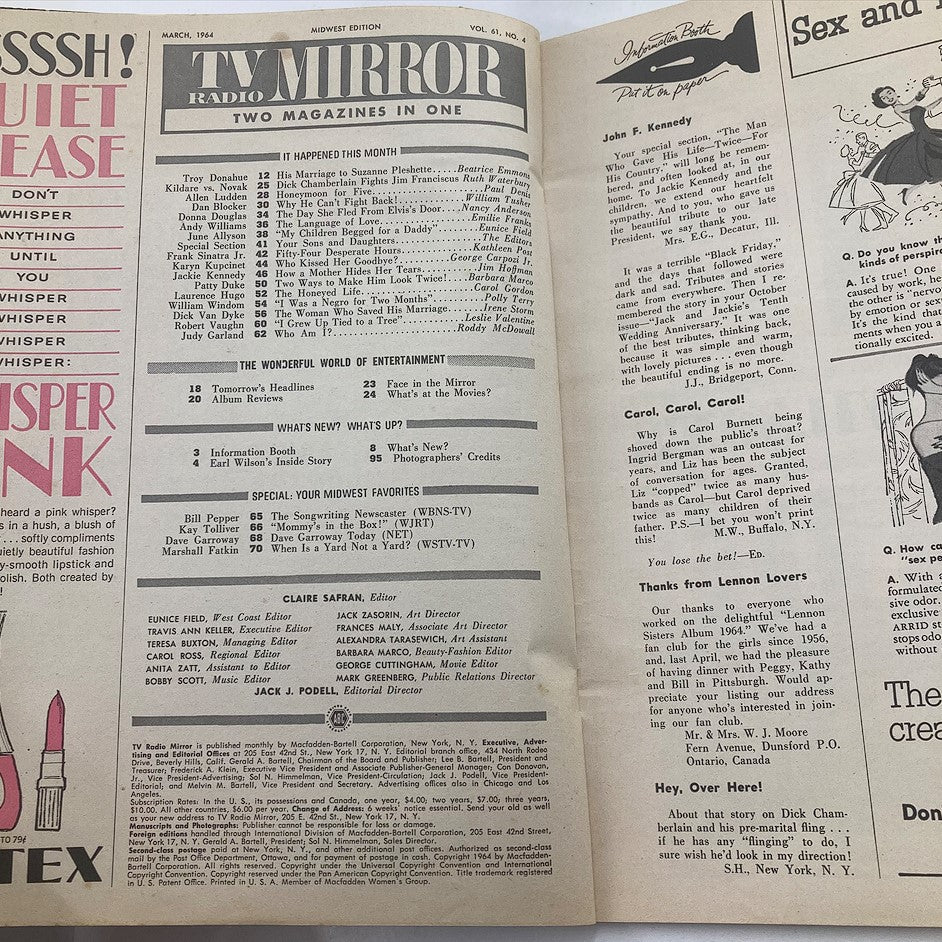 Interior view of the March 1964 VTG TV Radio Mirror Magazine featuring articles and editorials, including highlights from the entertainment world, showcasing the impact of figures like Jackie Kennedy and Dick Van Dyke.