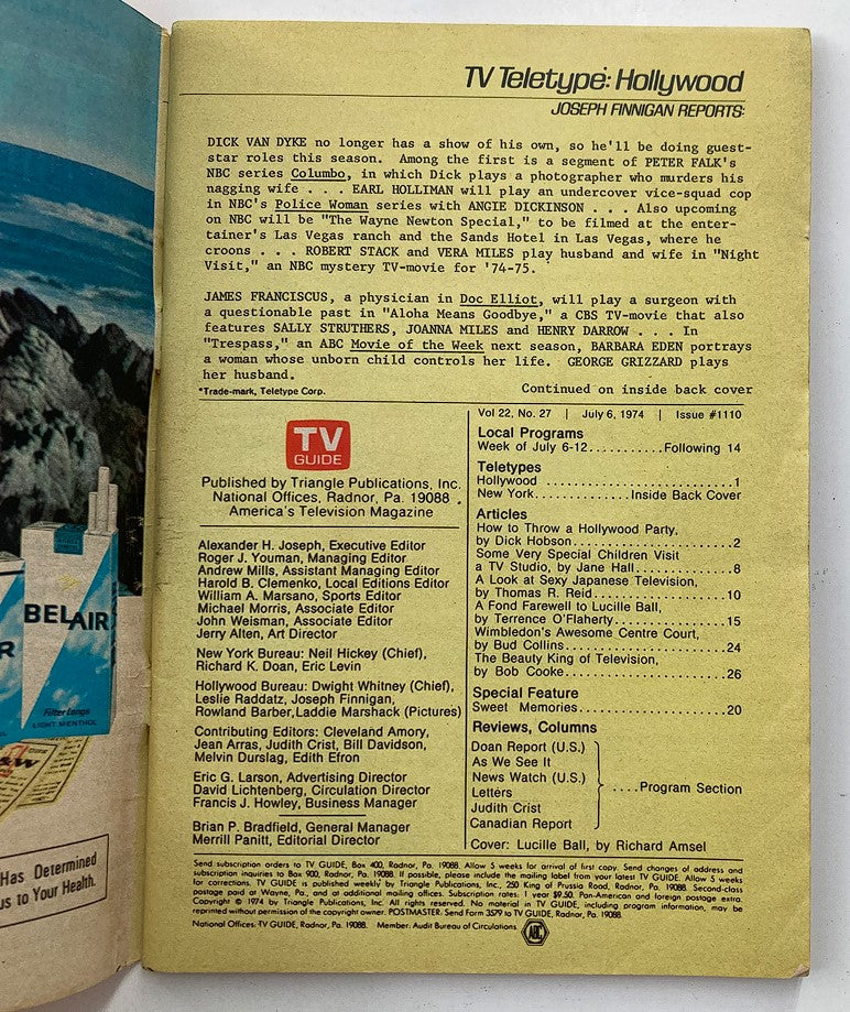 Inside page of TV Guide Magazine July 6 1974, Vol 22 #27 featuring television listings and articles. The page highlights various shows and notable contributors, providing a glimpse into the entertainment landscape of the 1970s.