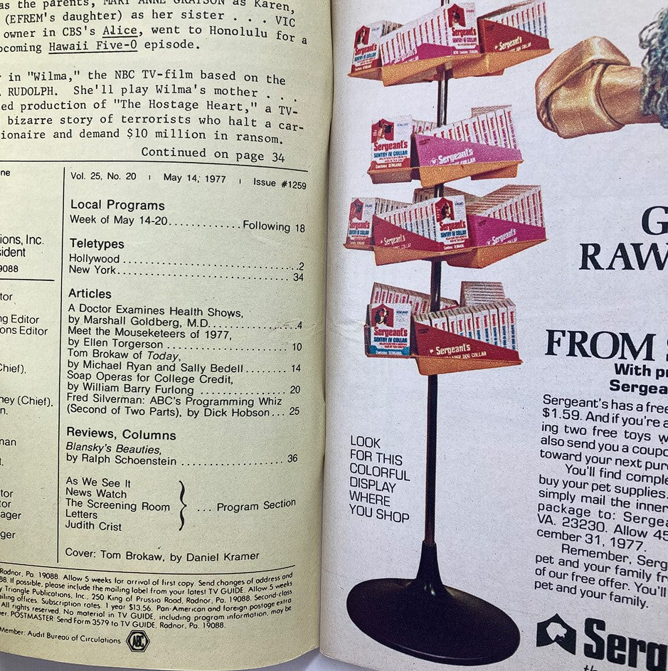 Interior page of TV Guide Magazine May 14, 1977, Issue #1259, showcasing articles including a feature by Tom Brokaw and an advertisement display for Sergeant's pet products.