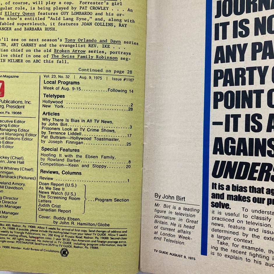 Inside pages of the TV Guide Magazine August 9 1975, showcasing articles and television listings, including a feature on Buddy Ebsen.