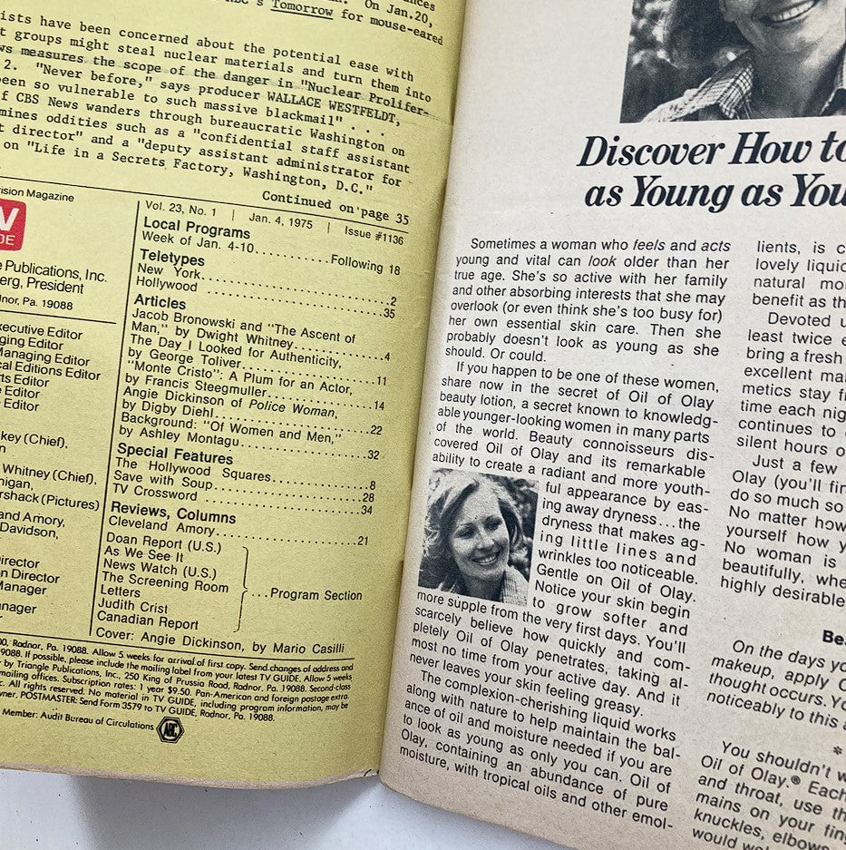Interior page of TV Guide Magazine January 4, 1975, Issue #1136, displaying articles and programming listings, emphasizing the magazine's nostalgic context and cultural significance.