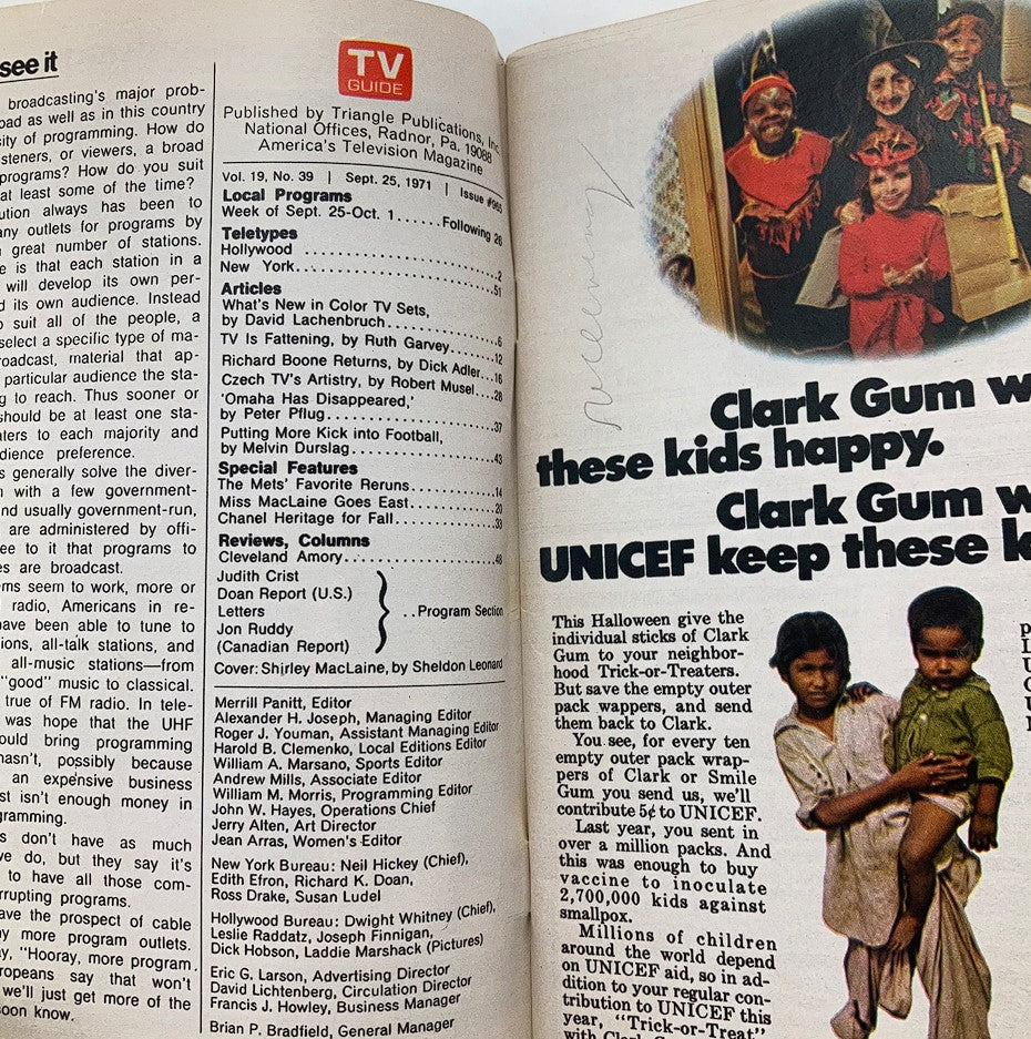 Interior page of TV Guide Magazine from September 25, 1971, featuring articles, listings, and a cover mention of Shirley MacLaine.