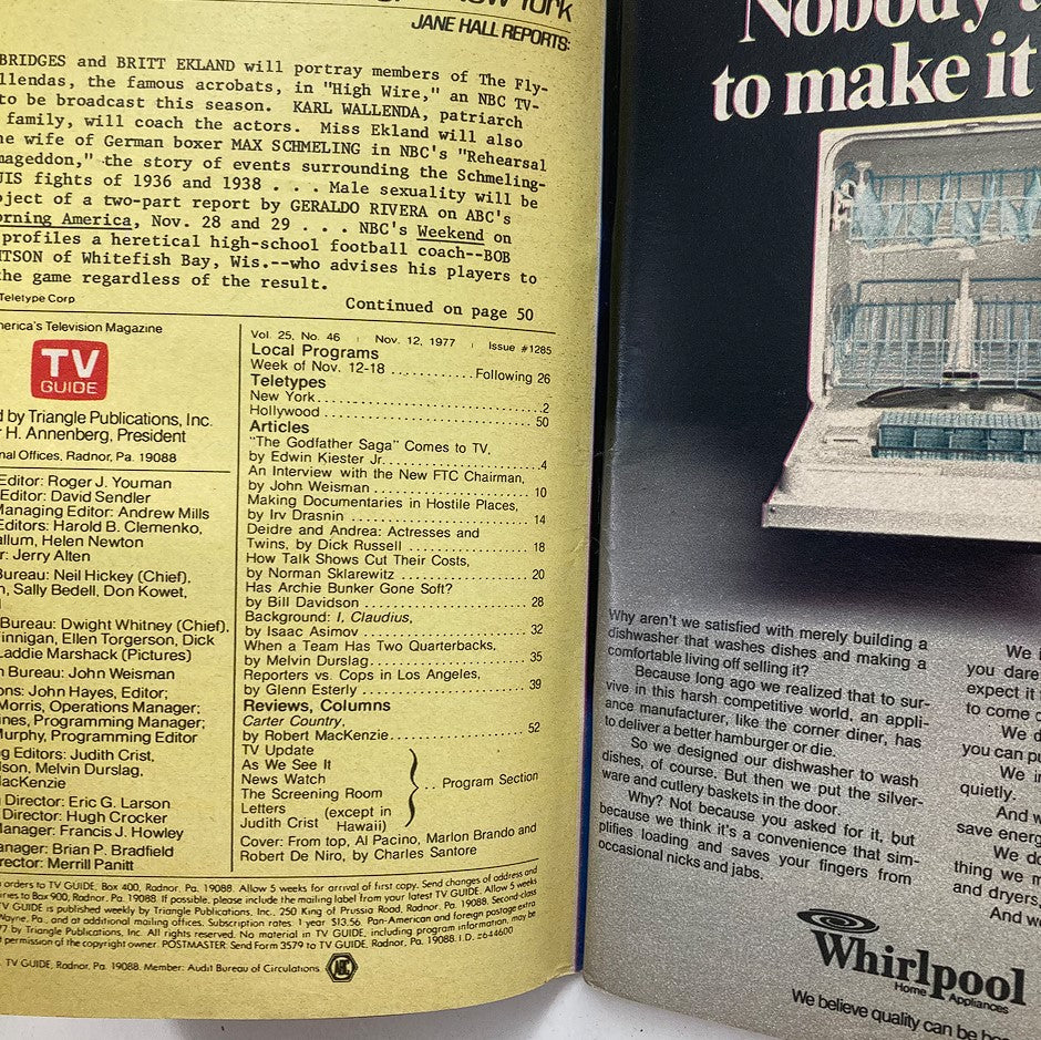 Inside page of TV Guide Magazine from November 12 1977 showing program listings and features, including reference to Al Pacino and popular shows of the era.