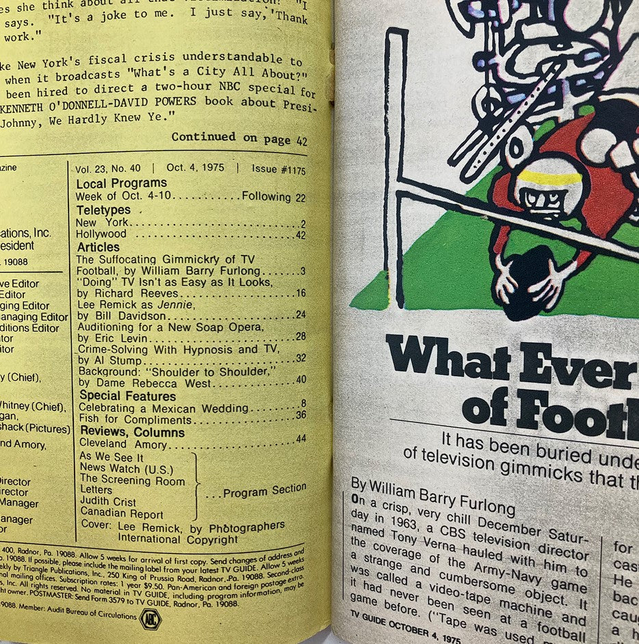 Interior page of TV Guide Magazine October 4, 1975, issue number 1175, displaying articles and listings including Lee Remick's feature and the editorial section.