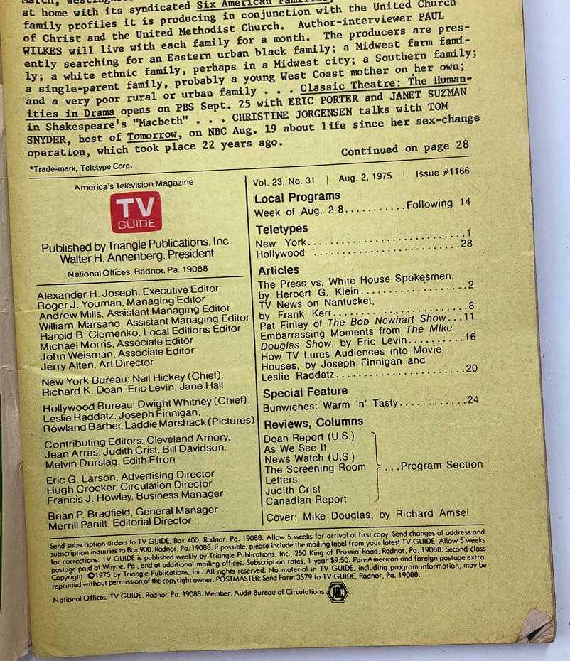 Back cover of TV Guide Magazine, August 2, 1975, issue #1166 featuring listings and articles from the era, showcasing entertainment history and cultural references. This vintage magazine includes important television program details and highlights star features, including Mike Douglas.