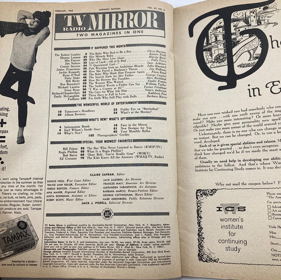 Inside page of VTG TV Radio Mirror Magazine February 1965 displaying contents and entertainment features, highlighting the magazine's historical significance.