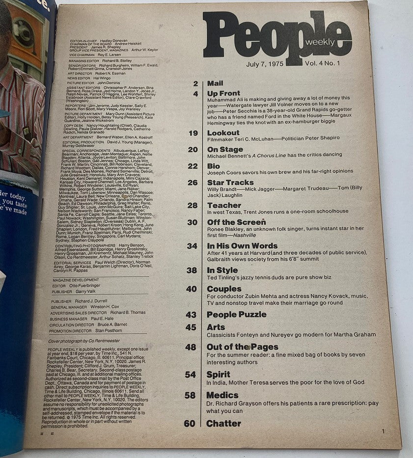 Inside page of VTG People Weekly Magazine July 7 1975 Vol 4 #1 featuring table of contents and highlights including articles about Muhammad Ali, film, music, and culture from the 1970s.