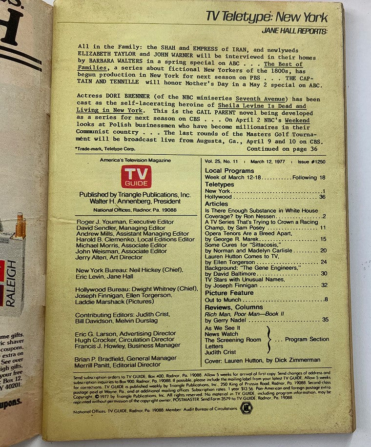 Back cover of TV Guide Magazine March 12, 1977, Issue #1250, featuring listings and articles such as Lauren Hutton in 'The Rhinemann Exchange' and other notable television highlights from the era.