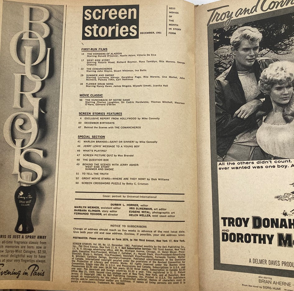 Interior page of VTG Screen Stories Magazine December 1961 featuring article titles and movie features, showcasing icons like Marlon Brando and Nancy Kwan.