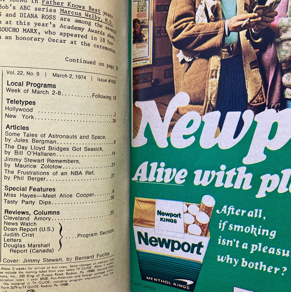 Inside page of TV Guide Magazine March 2, 1974, showcasing an article by Jimmy Stewart. The page includes local program listings and advertisements, reflecting the television culture of the 1970s.