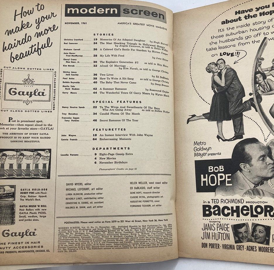 Interior page of VTG Modern Screen Magazine November 1961 featuring article titles and features, showcasing classic Hollywood content including Bob Hope and a mention of Debbie Reynolds.
