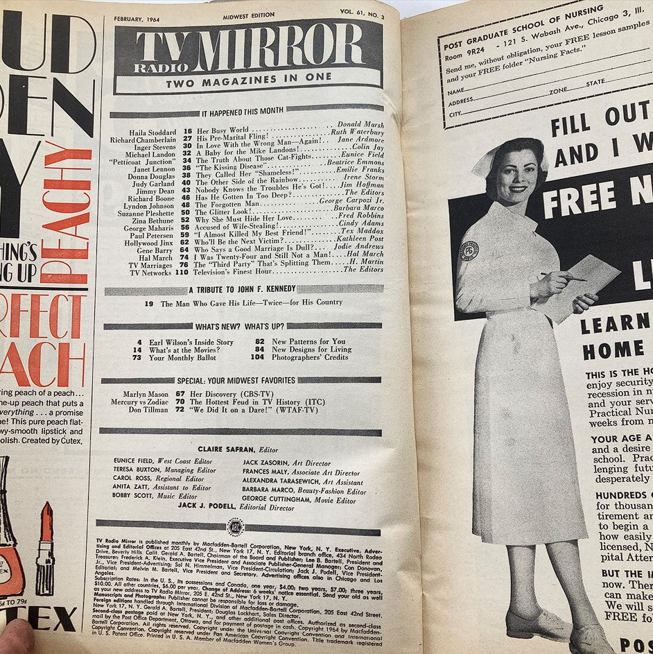 Inside page of VTG TV Radio Mirror Magazine February 1964 displaying the table of contents and special features, illustrating the magazine layout of classic television history.