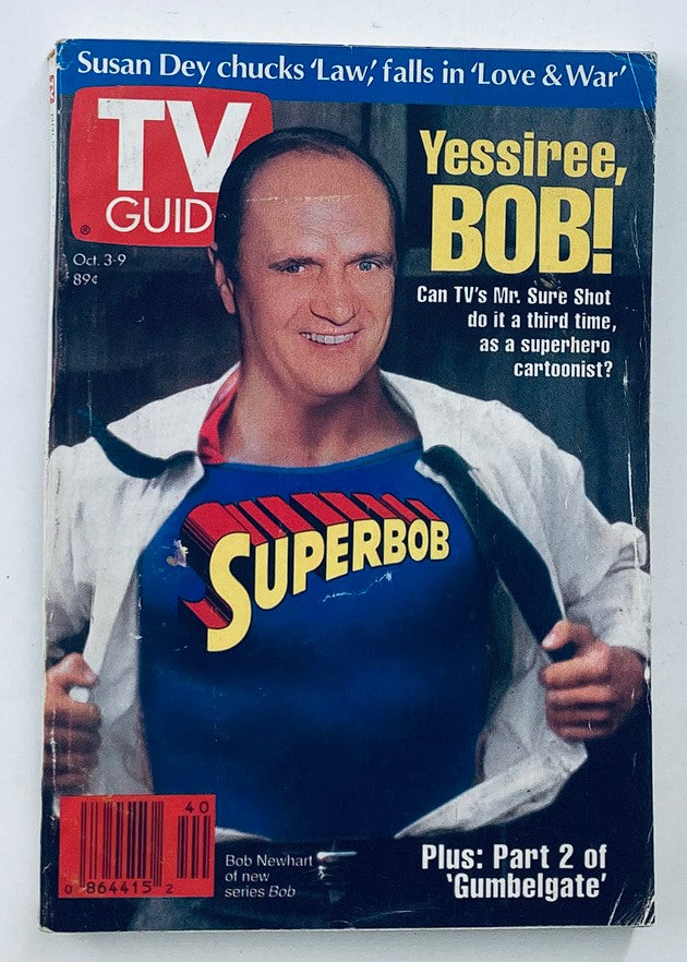 TV Guide Magazine cover from October 3, 1992, featuring comedian Bob Newhart as 'Superbob.' The cover highlights Bob's new series, surrounded by colorful graphics and promotional text, making it a collectible piece of early '90s television history.